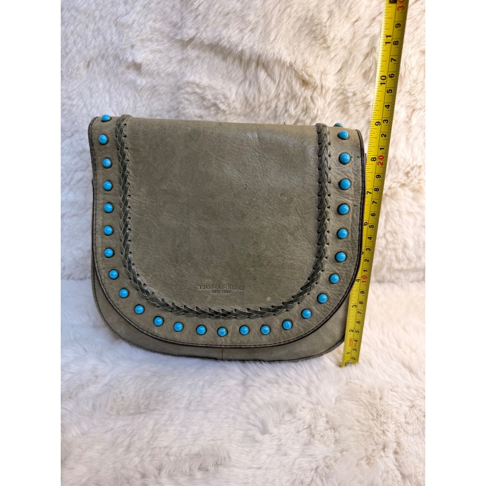Tignanello Leather Crossbody Bag Sage Green Brown Turquoise Studded Boho A292859 - Picture 10 of 11